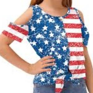 BESSERBAY Girl Patriotic Star American Flag Cold Shoulder Button T…